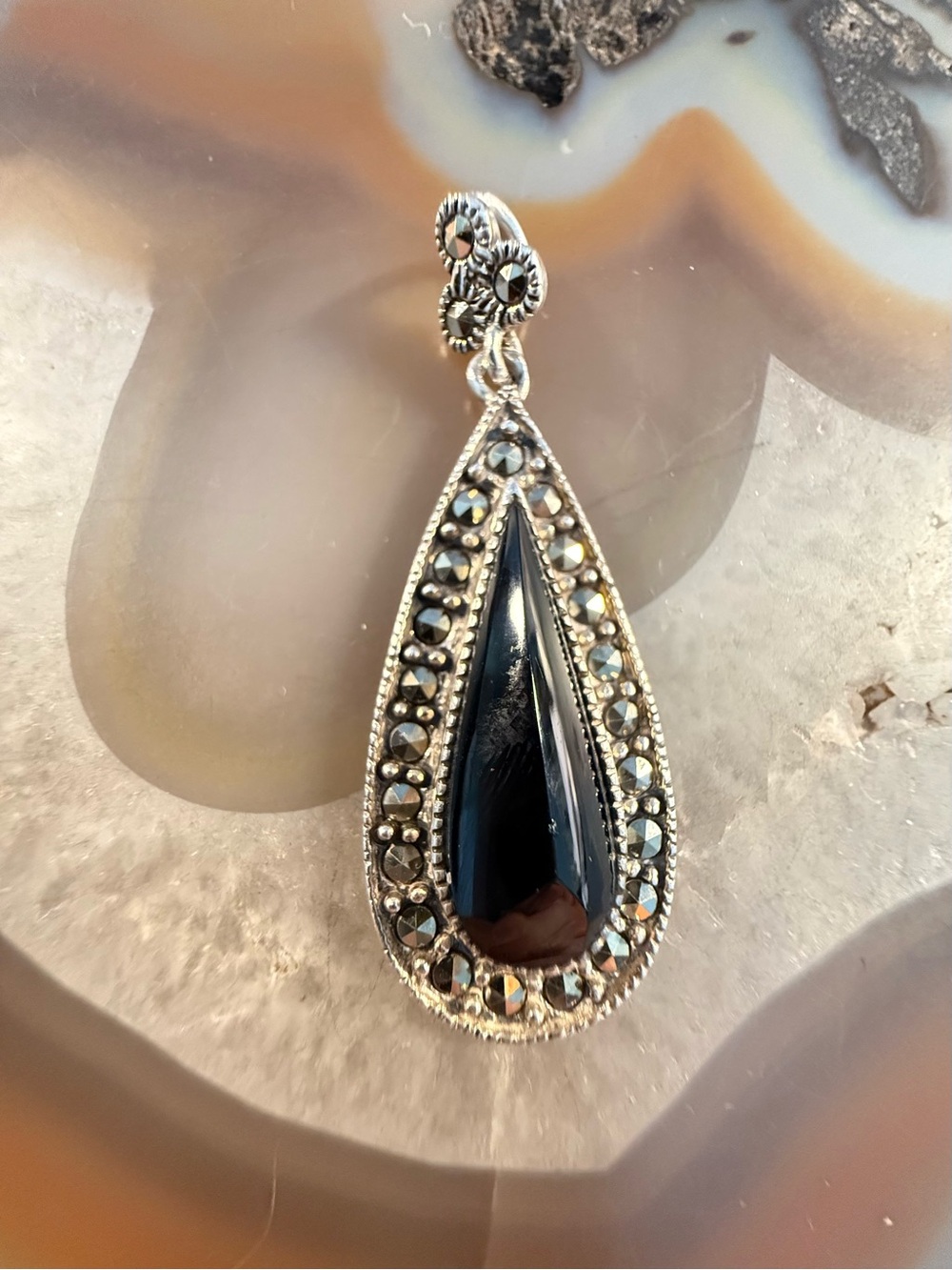 Onyx Teardrop Marcasite 925 Silver Pendant Necklace Guc 1.6” Long appx